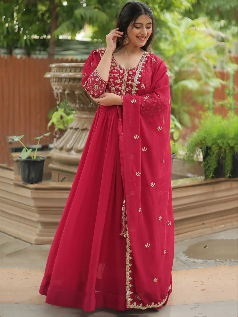 Gorgeous Pink Embroidered Georgette Festival Wear Gown With Dupatta
