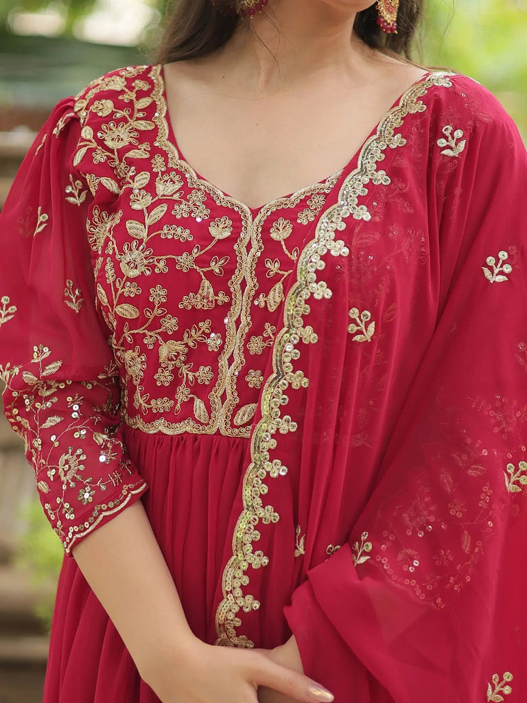 Gorgeous Pink Embroidered Georgette Festival Wear Gown With Dupatta