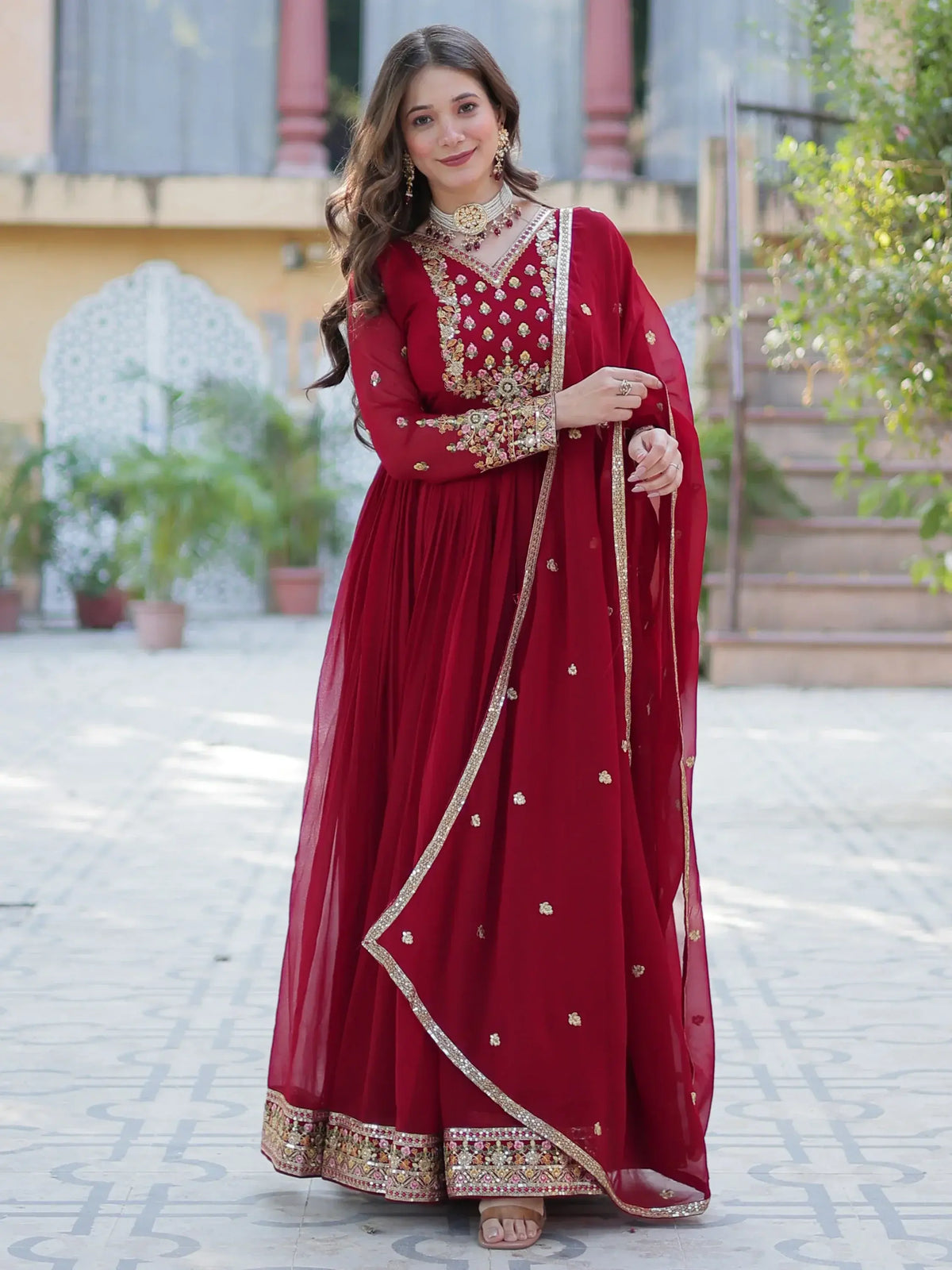 Enchanting Maroon Embroidered Georgette Festival Wear Gown