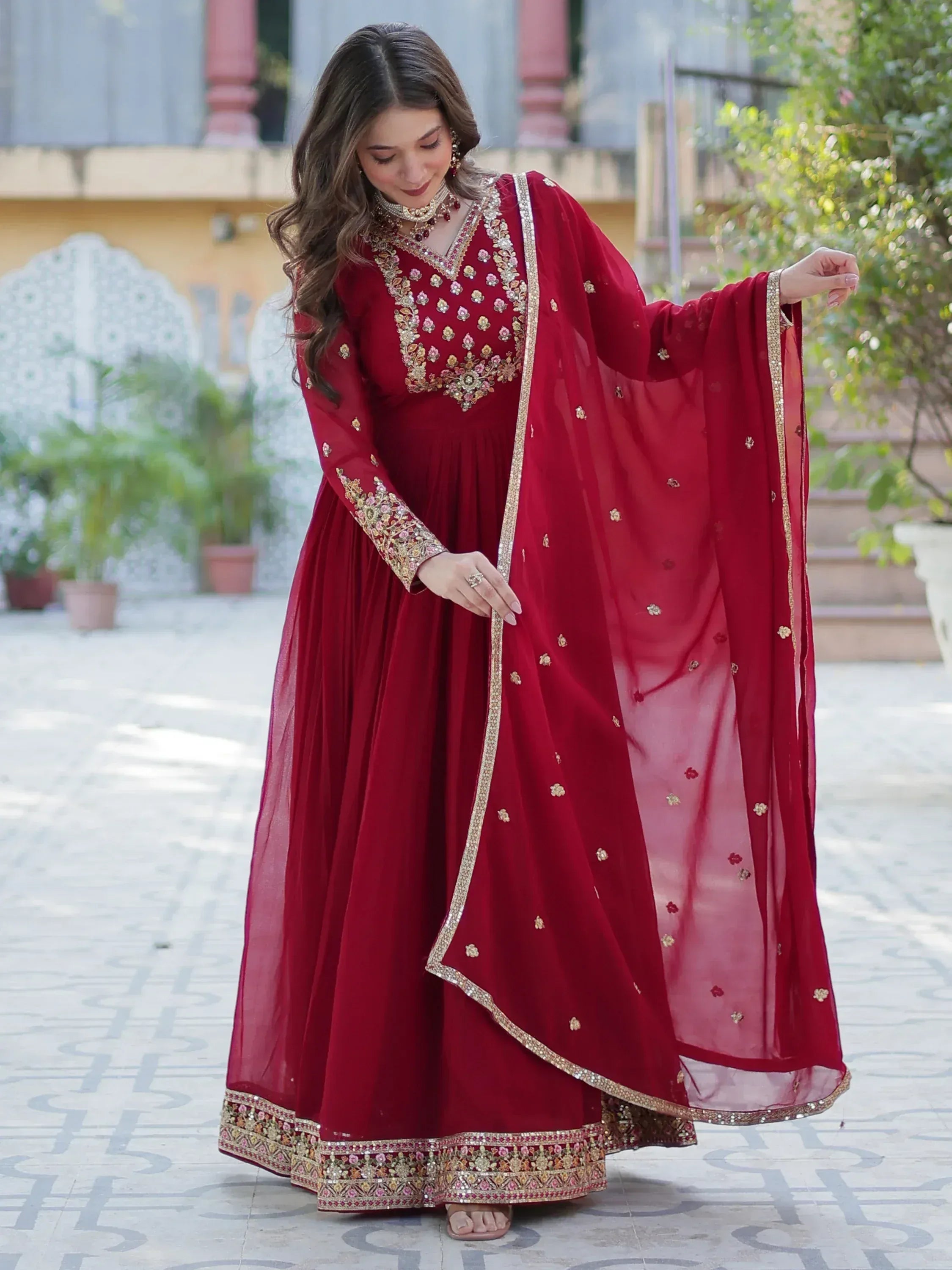 Red embroidered anarkali suit with dupatta, Indian ethnic wear for women