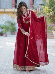 Enchanting Maroon Embroidered Georgette Festival Wear Gown