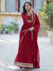 Enchanting Maroon Embroidered Georgette Festival Wear Gown