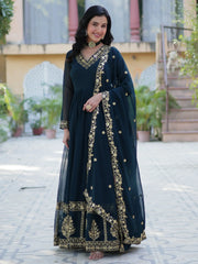 Gorgeous Rama Blue Zari Embroidered Georgette Reception Wear Gown