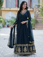 Gorgeous Rama Blue Zari Embroidered Georgette Reception Wear Gown