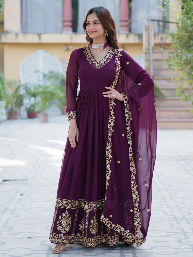 Pretty Wine Zari Embroidered Georgette Wedding Gown With Dupatta