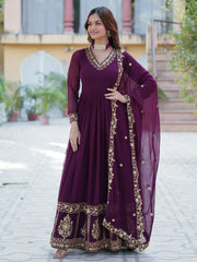 Pretty Wine Zari Embroidered Georgette Wedding Gown With Dupatta