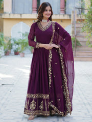 Pretty Wine Zari Embroidered Georgette Wedding Gown With Dupatta