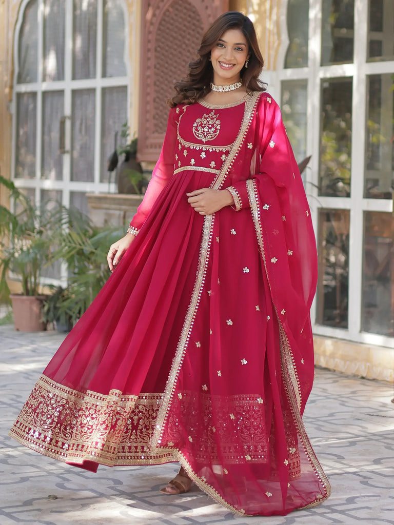 Alluring Pink Embroidered Georgette Wedding Gown With Dupatta