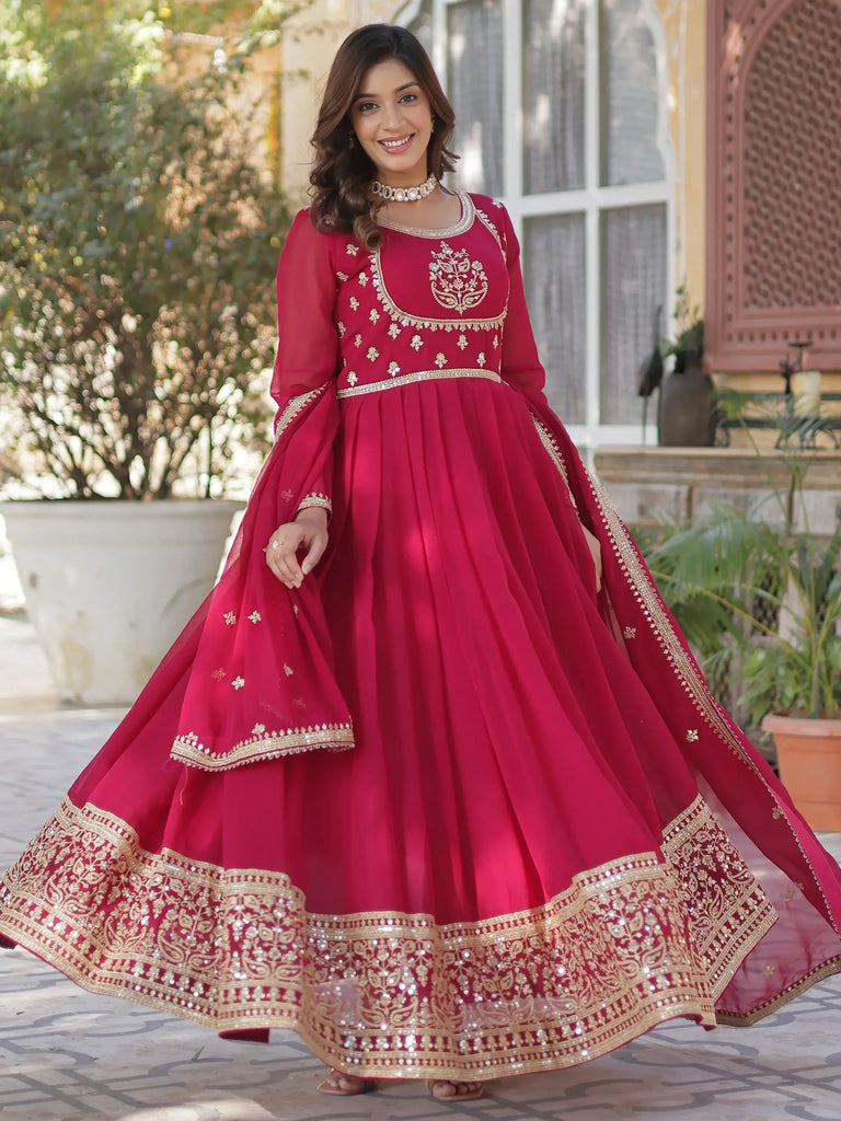 Alluring Pink Embroidered Georgette Wedding Gown With Dupatta