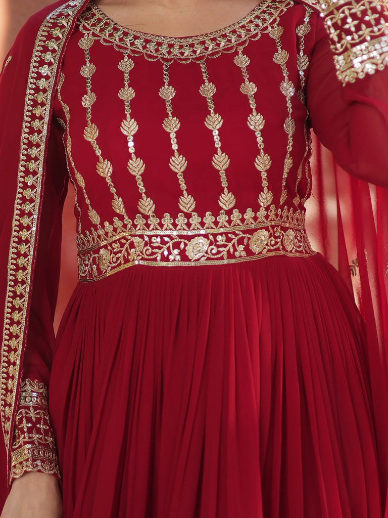 Glamorous Maroon Zari Embroidered Georgette Wedding Gown