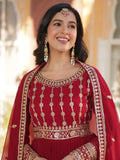 Glamorous Maroon Zari Embroidered Georgette Wedding Gown