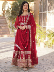Glamorous Maroon Zari Embroidered Georgette Wedding Gown