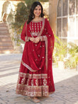 Glamorous Maroon Zari Embroidered Georgette Wedding Gown