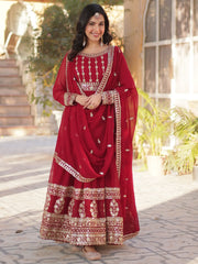 Glamorous Maroon Zari Embroidered Georgette Wedding Gown