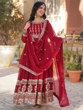 Glamorous Maroon Zari Embroidered Georgette Wedding Gown