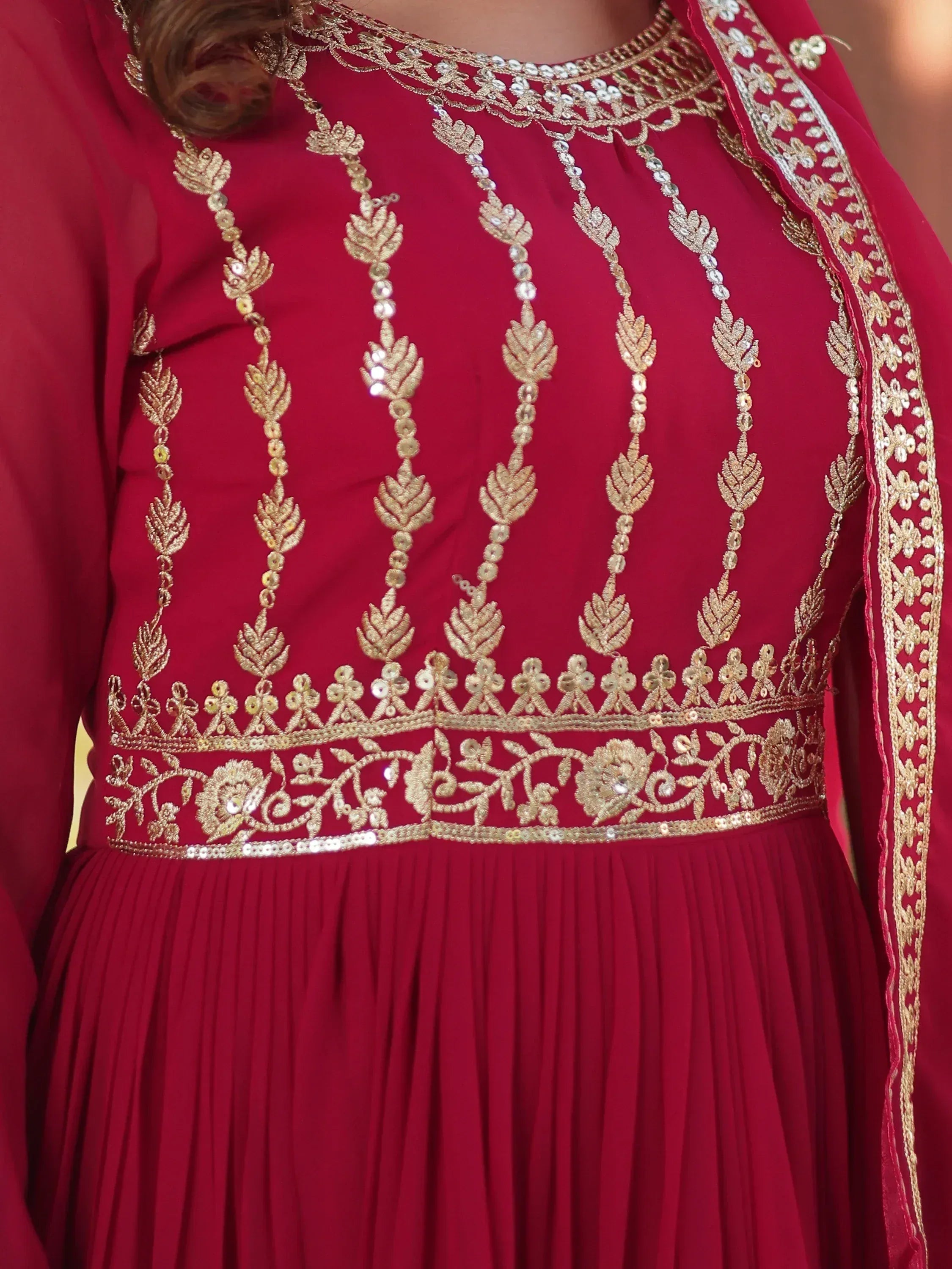 Red ethnic gown with gold embroidery and sequins, Indian designer wear