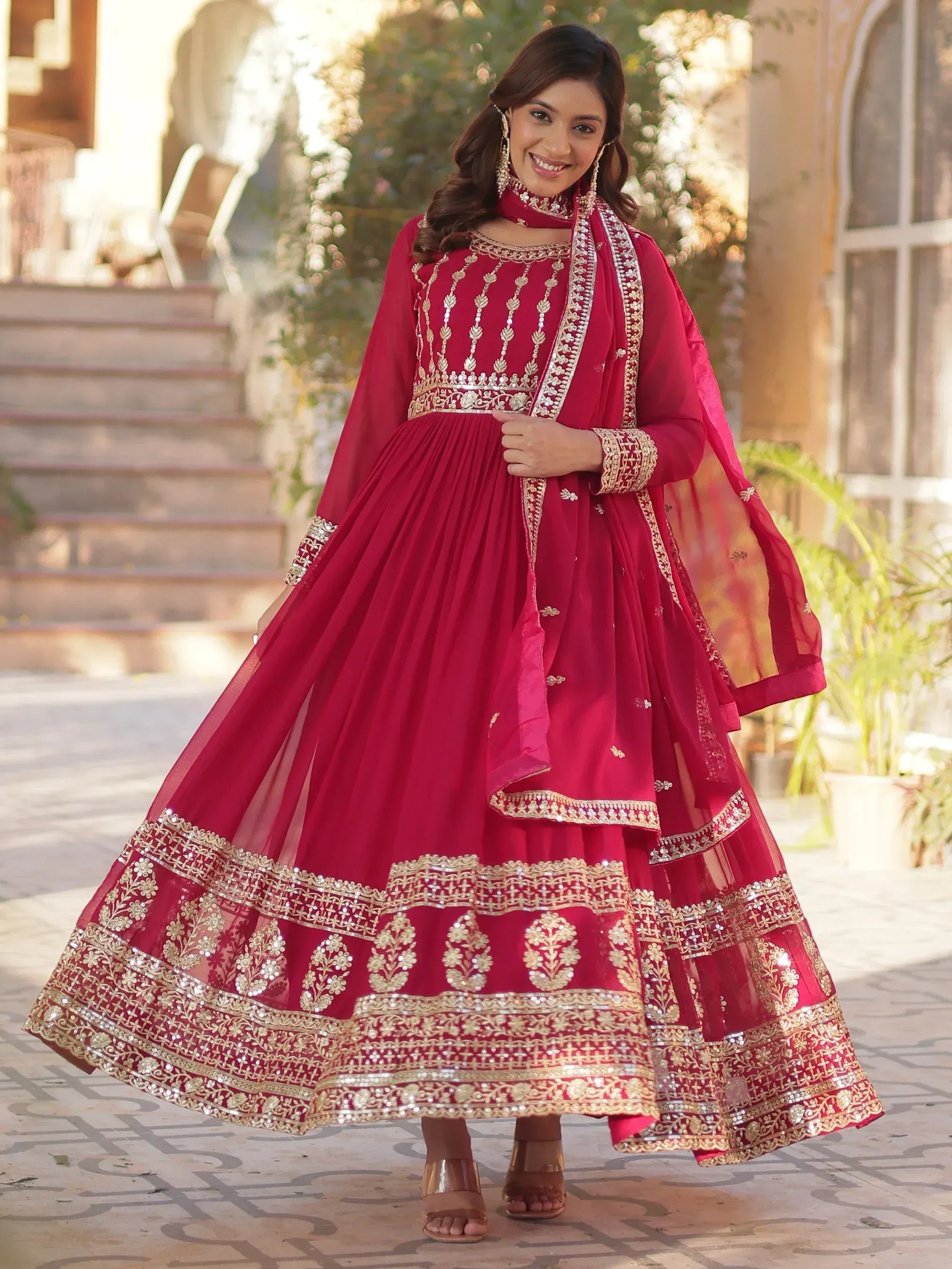 Red embroidered anarkali suit with gold detailing, perfect for Indian ethnic wear occasions