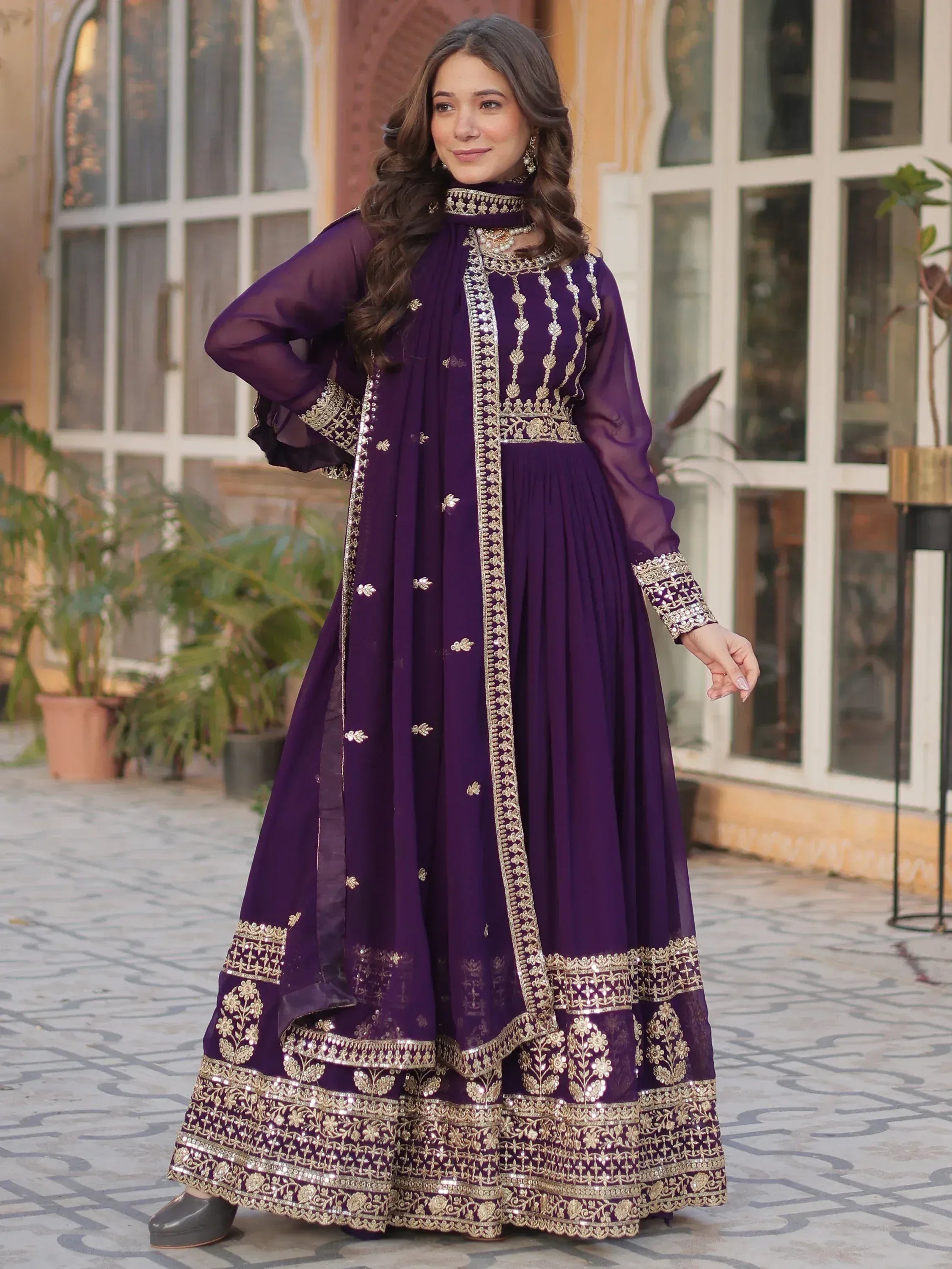 Purple embroidered anarkali suit with gold detailing, perfect for Indian ethnic wear occasions