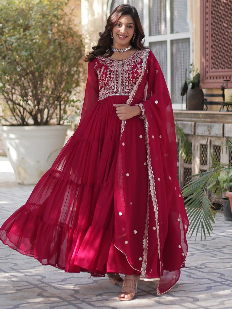 Adorable Pink Pearl Work Georgette Festival Wear Gown With Dupatta