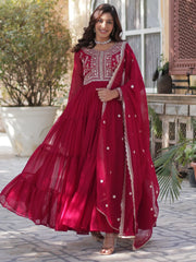 Adorable Pink Pearl Work Georgette Festival Wear Gown With Dupatta