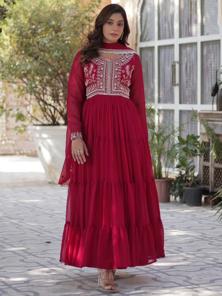 Adorable Pink Pearl Work Georgette Festival Wear Gown With Dupatta