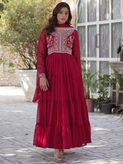Adorable Pink Pearl Work Georgette Festival Wear Gown With Dupatta