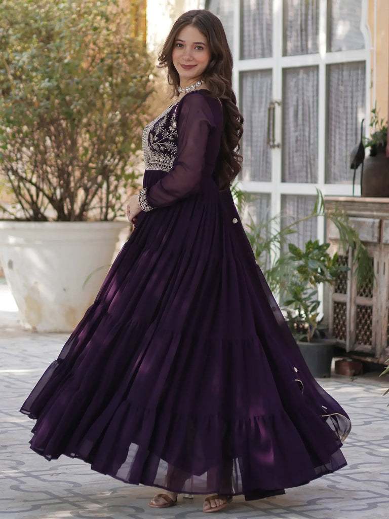 Precious Wine Pearl Work Georgette Wedding Gown With Dupatta
