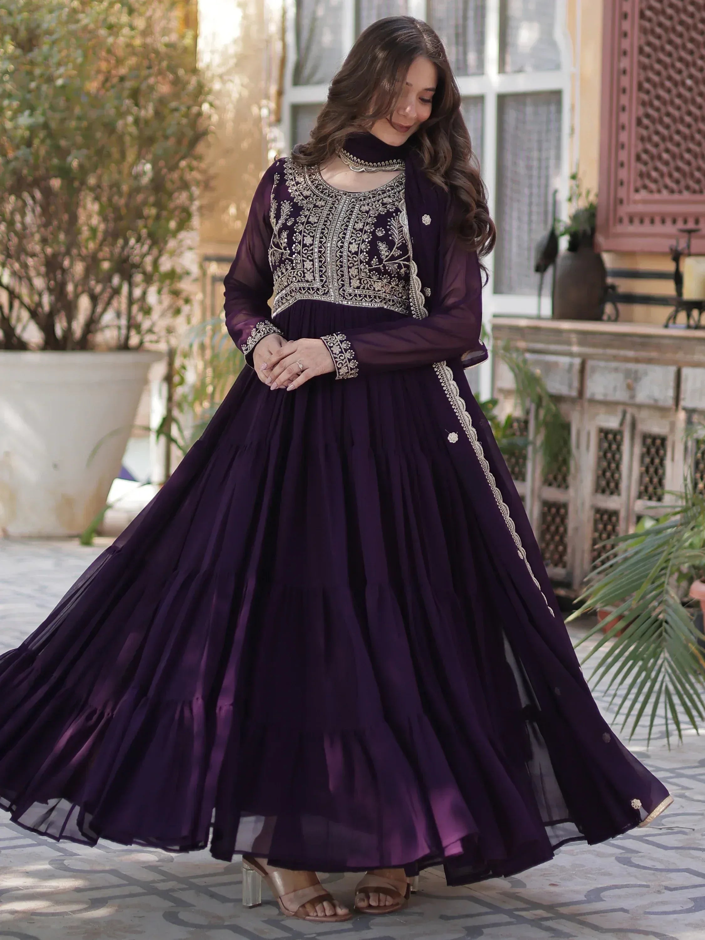Purple embroidered anarkali gown with sheer sleeves, perfect for Indian ethnic occasions