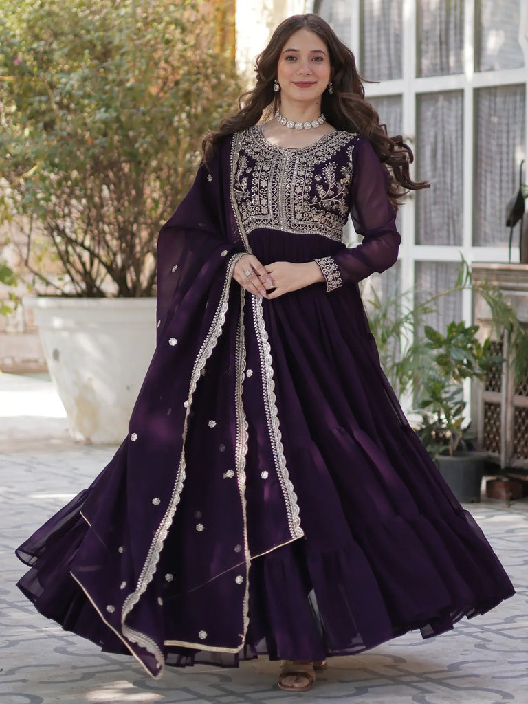 Precious Wine Pearl Work Georgette Wedding Gown With Dupatta