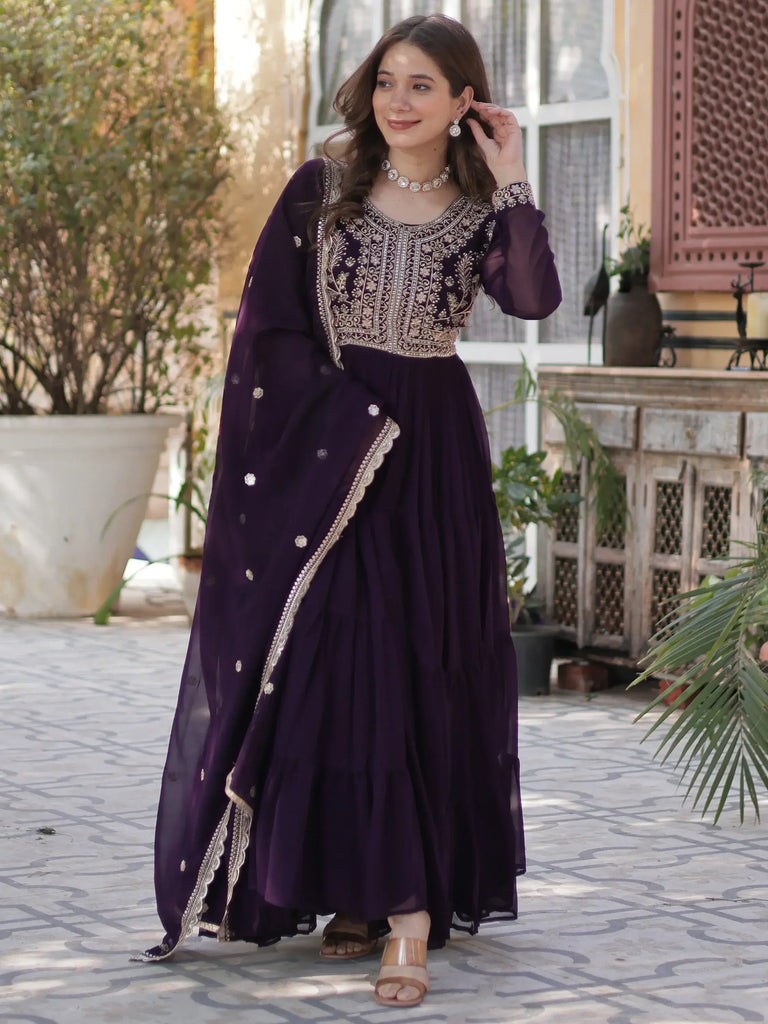 Precious Wine Pearl Work Georgette Wedding Gown With Dupatta