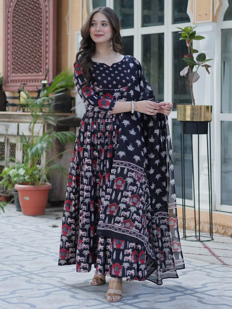 Sweet Black Pichwai Printed Cotton Traditional Anarkali Suit With Dupatta