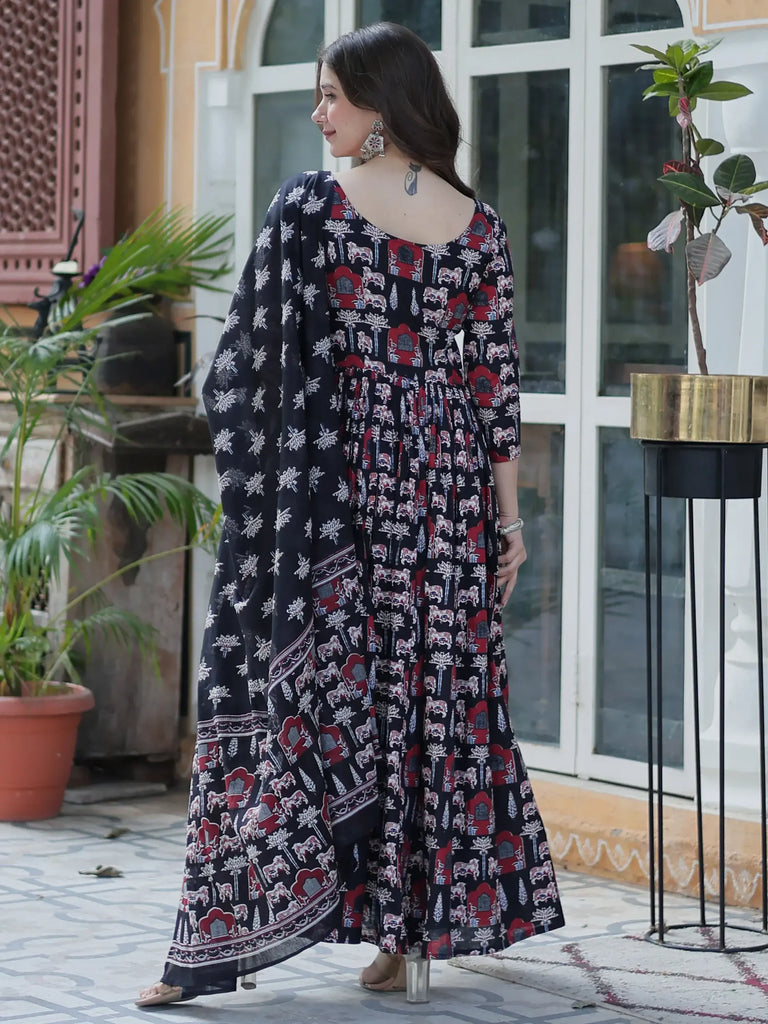 Sweet Black Pichwai Printed Cotton Traditional Anarkali Suit With Dupatta