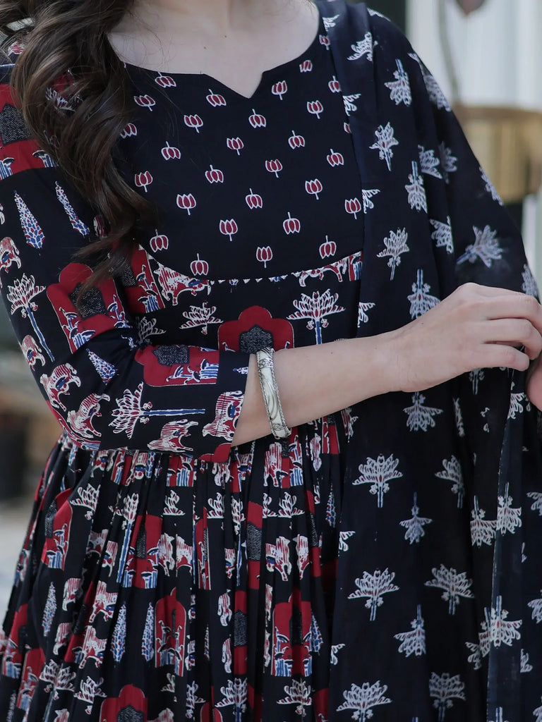 Sweet Black Pichwai Printed Cotton Traditional Anarkali Suit With Dupatta