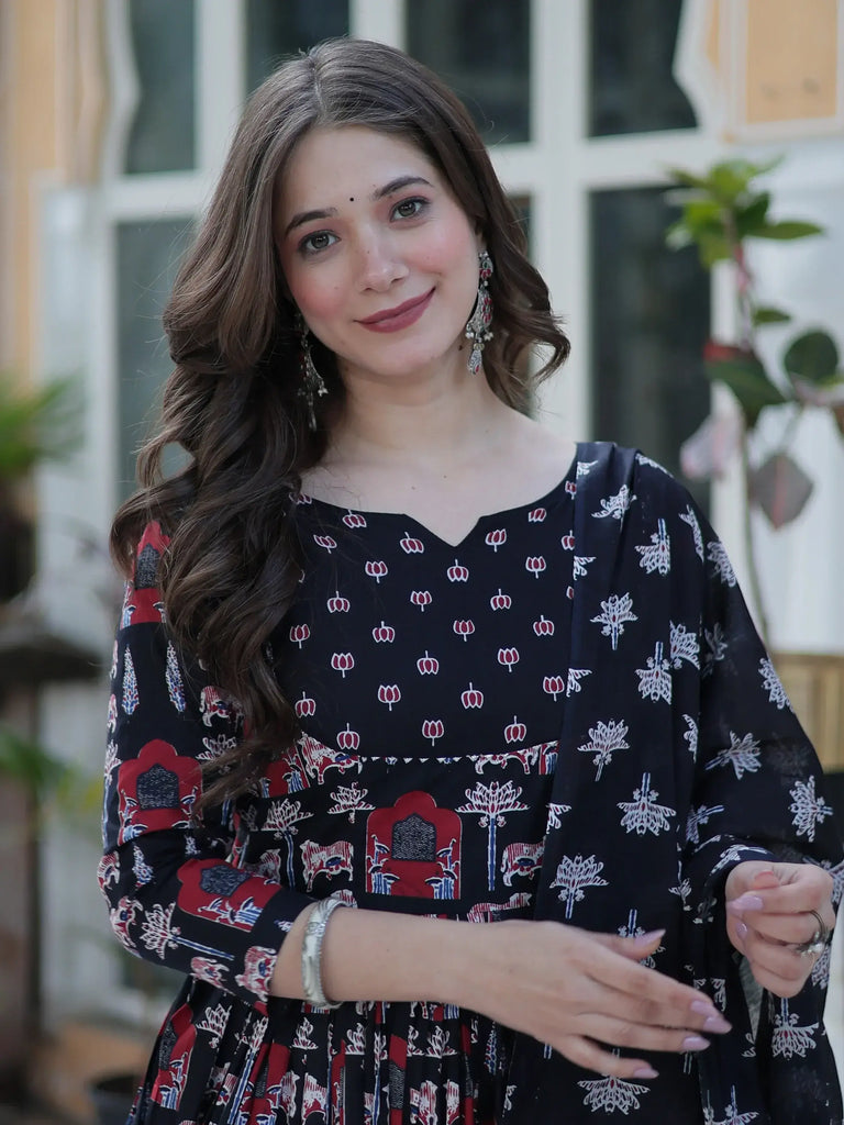 Sweet Black Pichwai Printed Cotton Traditional Anarkali Suit With Dupatta