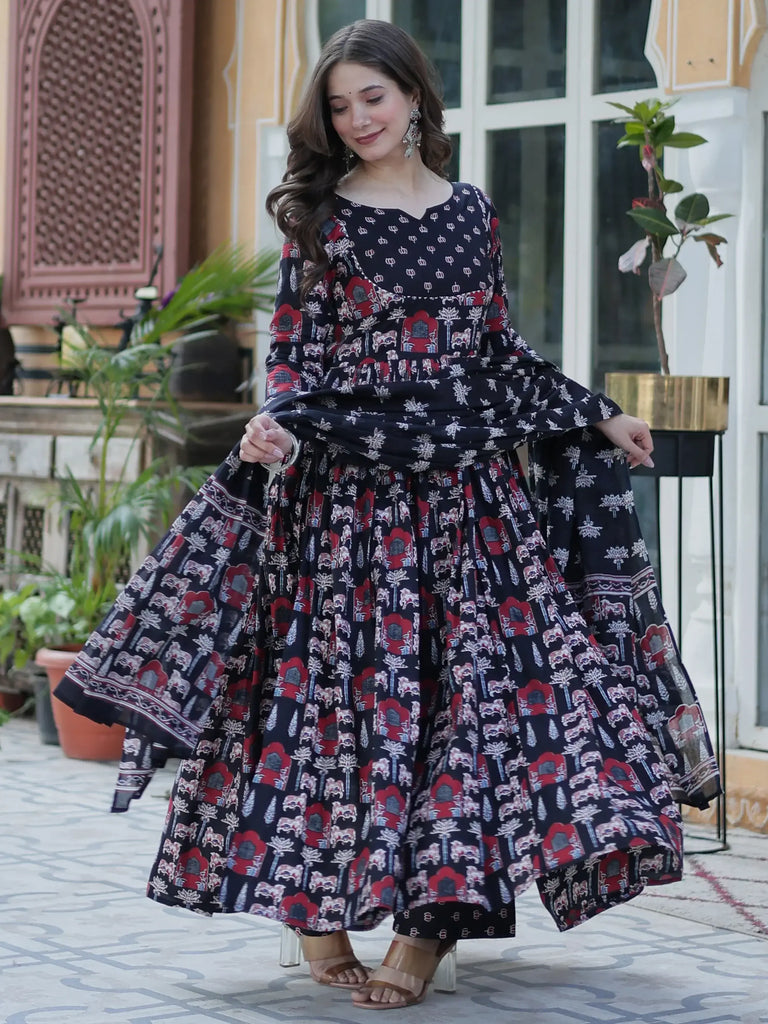 Sweet Black Pichwai Printed Cotton Traditional Anarkali Suit With Dupatta