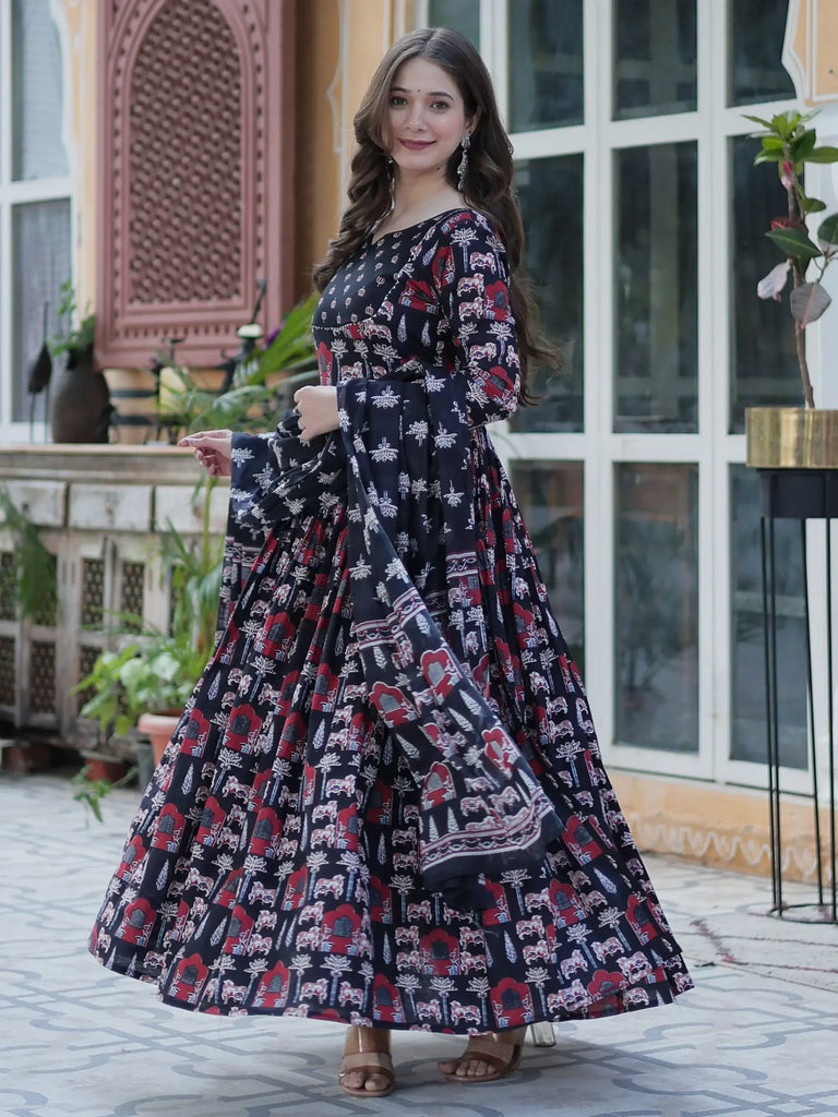 Sweet Black Pichwai Printed Cotton Traditional Anarkali Suit With Dupatta