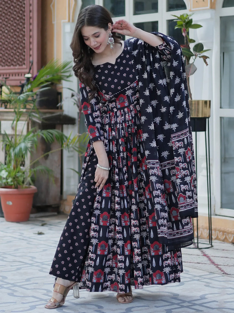 Sweet Black Pichwai Printed Cotton Traditional Anarkali Suit With Dupatta