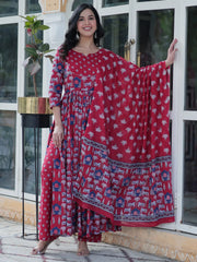 Adorable Maroon Pichwai Printed Cotton Casual Wear Anarkali Suit