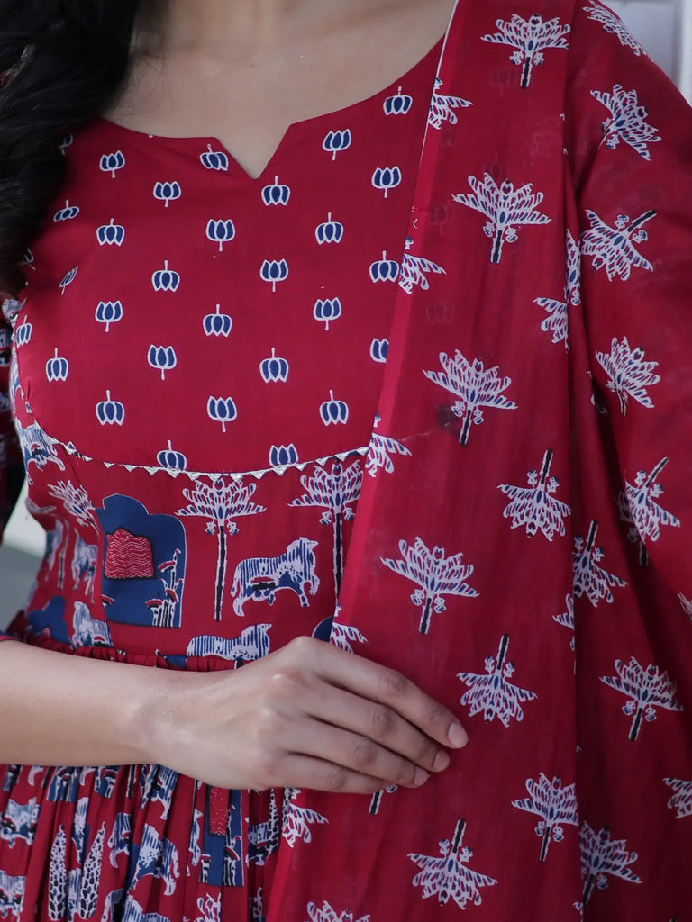 Adorable Maroon Pichwai Printed Cotton Casual Wear Anarkali Suit