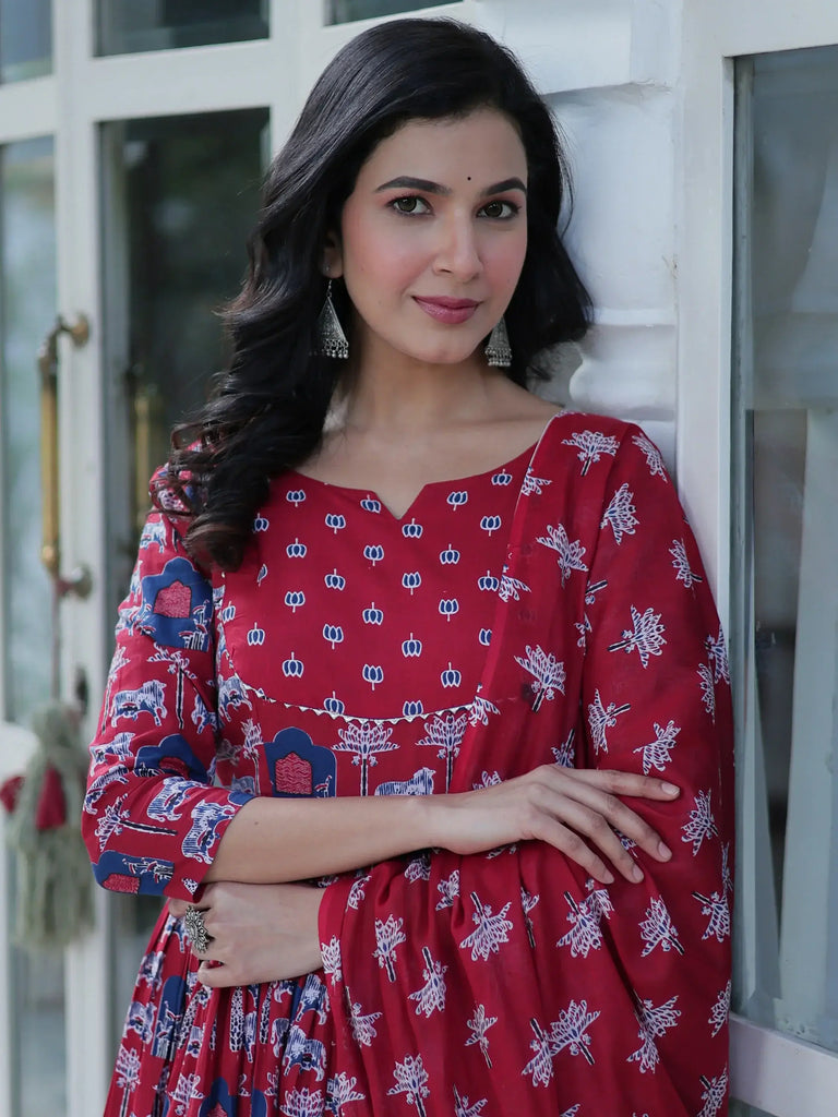 Adorable Maroon Pichwai Printed Cotton Casual Wear Anarkali Suit