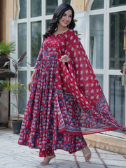 Adorable Maroon Pichwai Printed Cotton Casual Wear Anarkali Suit