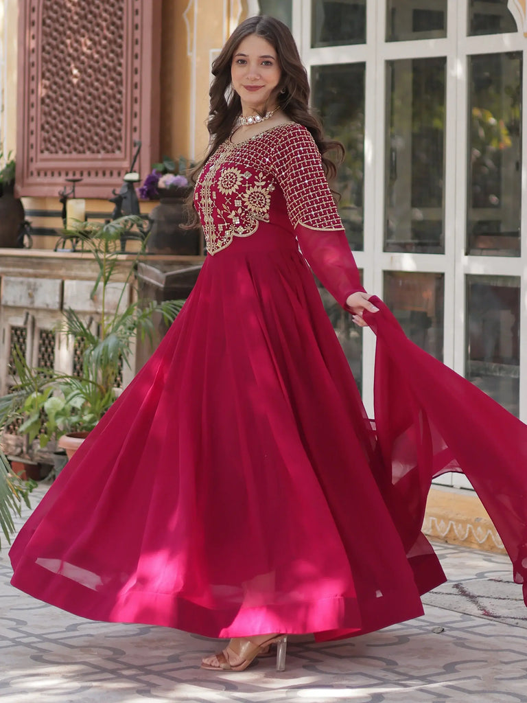 Charming Pink Embroidered Georgette Festival Wear Gown With Dupatta