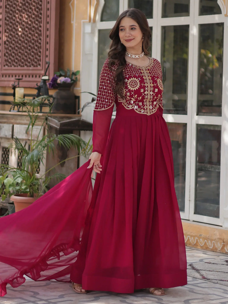 Charming Pink Embroidered Georgette Festival Wear Gown With Dupatta