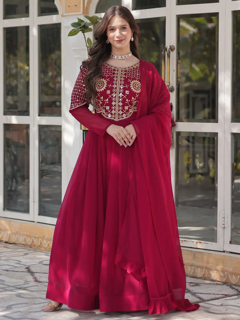 Charming Pink Embroidered Georgette Festival Wear Gown With Dupatta