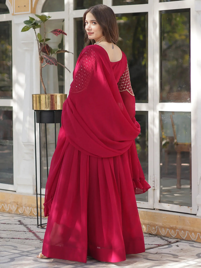 Charming Pink Embroidered Georgette Festival Wear Gown With Dupatta