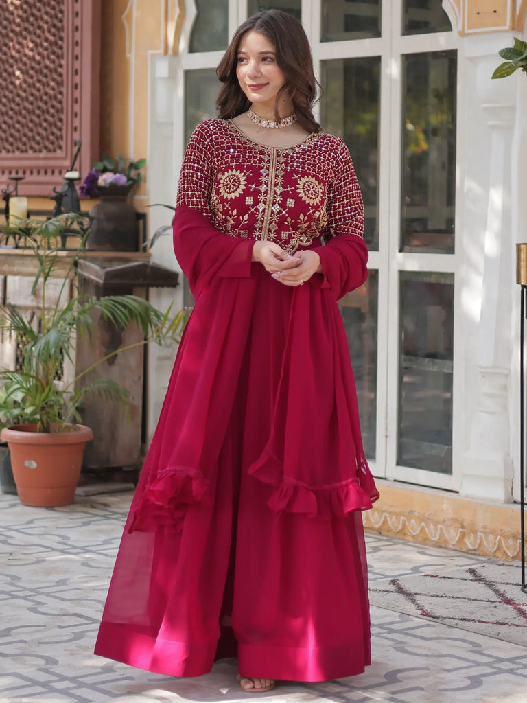 Charming Pink Embroidered Georgette Festival Wear Gown With Dupatta