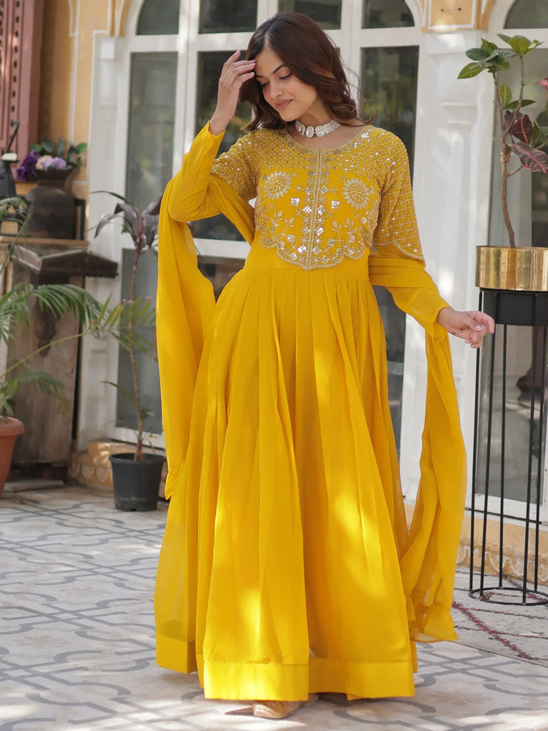 Beautiful Yellow Sequins Georgette Haldi Wear Gown With Dupatta