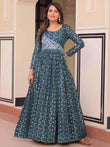 Beautiful Teal Blue Zari Weaving Cotton Festive Wear Gown