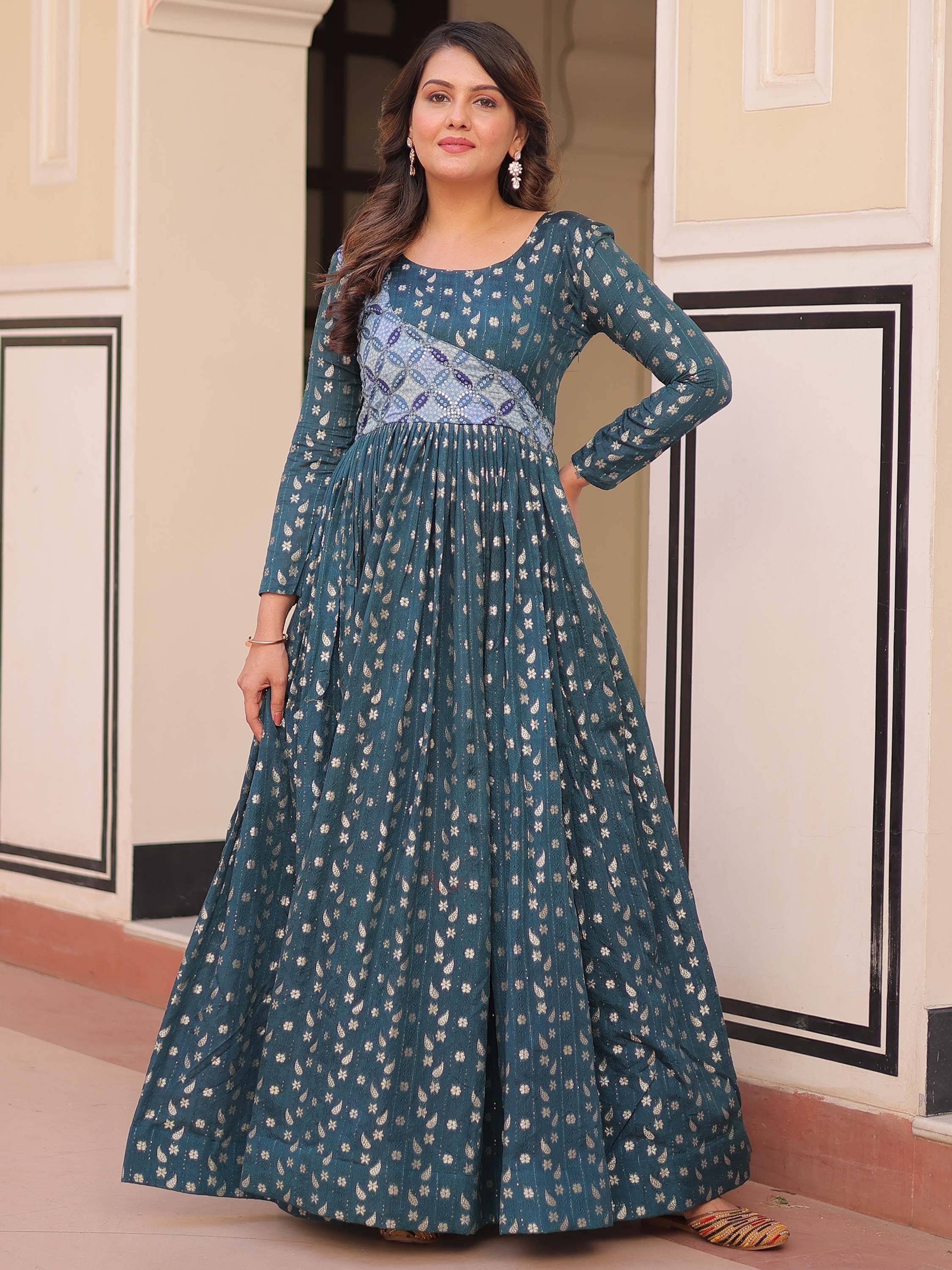 Teal floral print ethnic gown with blue waist panel, long sleeves, and flared skirt for women