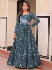 Beautiful Teal Blue Zari Weaving Cotton Festive Wear Gown